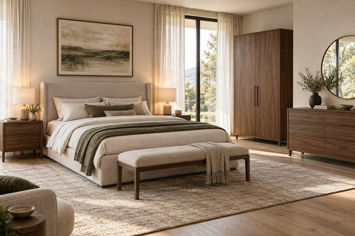 Coordinated bedroom furniture with upholstered bed, nightstands, wardrobe and dresser