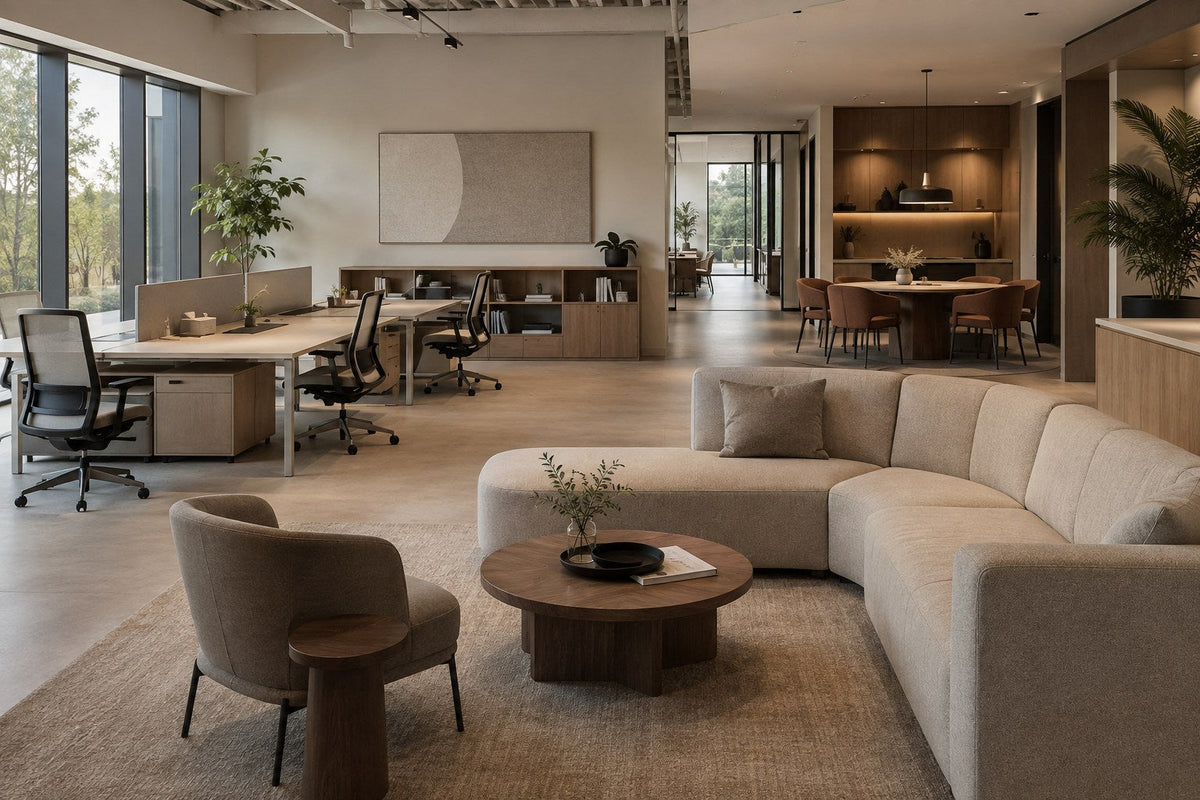Modern commercial furniture showroom with office, lounge and meeting areas
