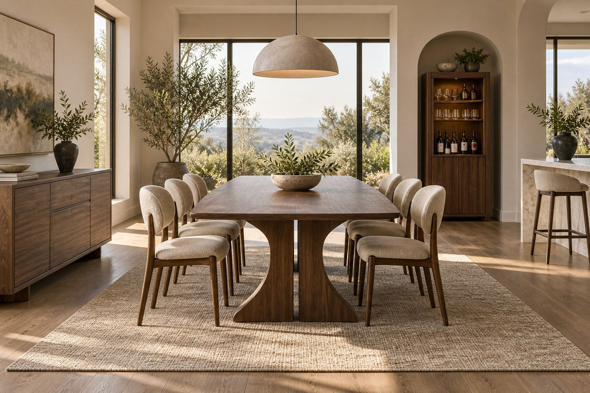 Warm dining room with walnut table, upholstered chairs, sideboard and bar cabinet