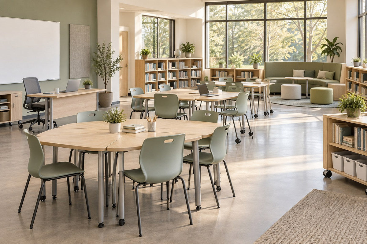 Flexible education furniture with classroom tables, chairs and library shelving