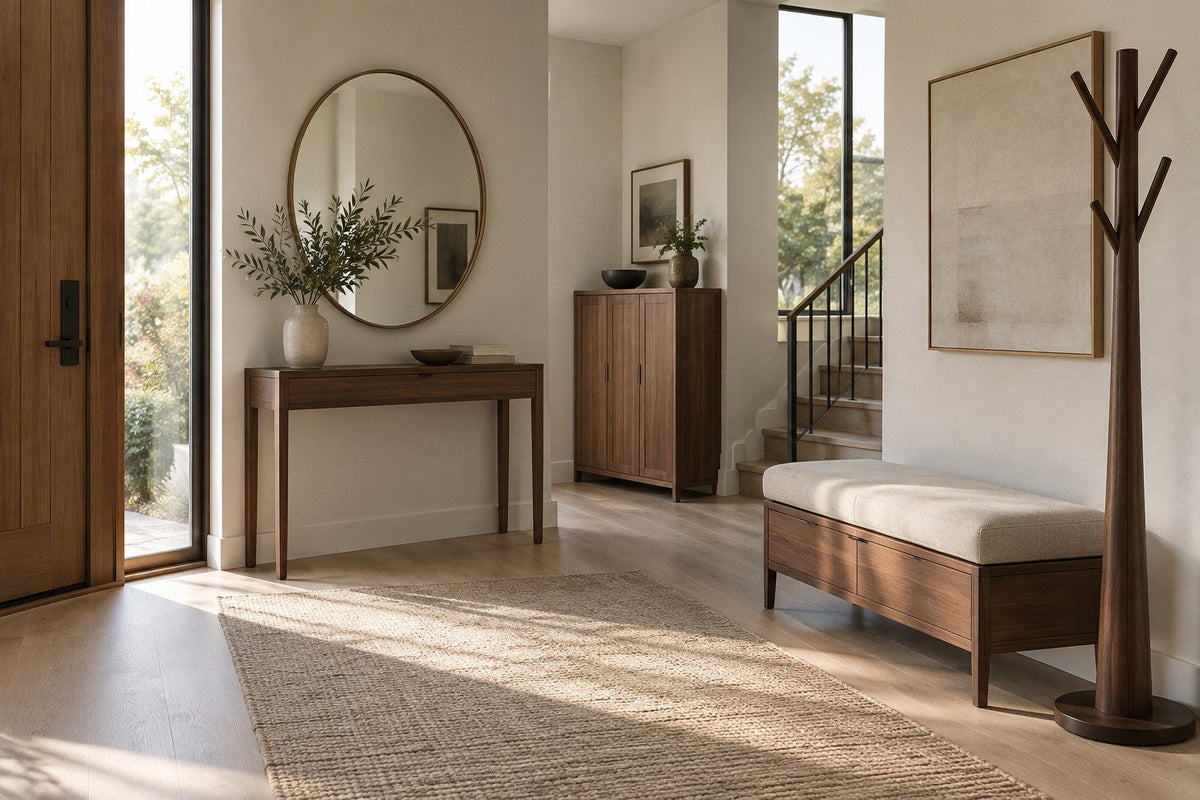 Contemporary entryway with walnut console, shoe cabinet, storage bench and coat rack