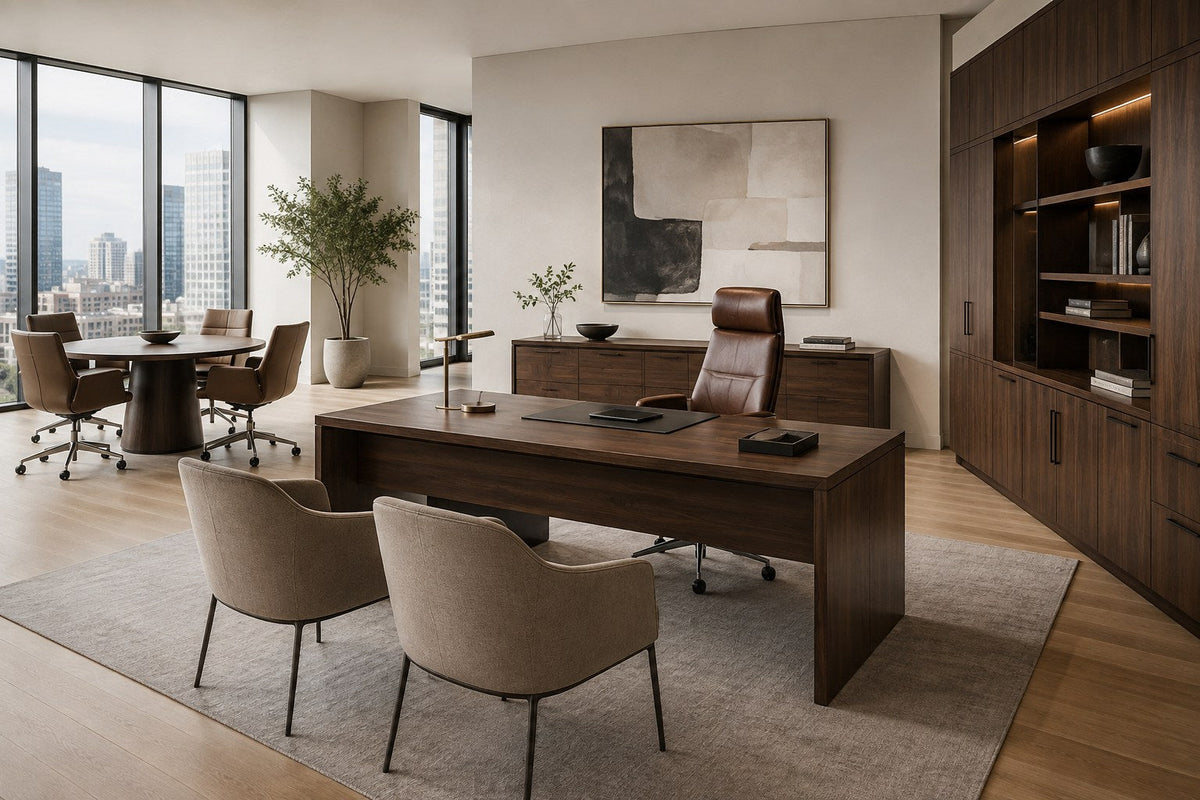 Contemporary executive office with walnut desk, leather chair and storage