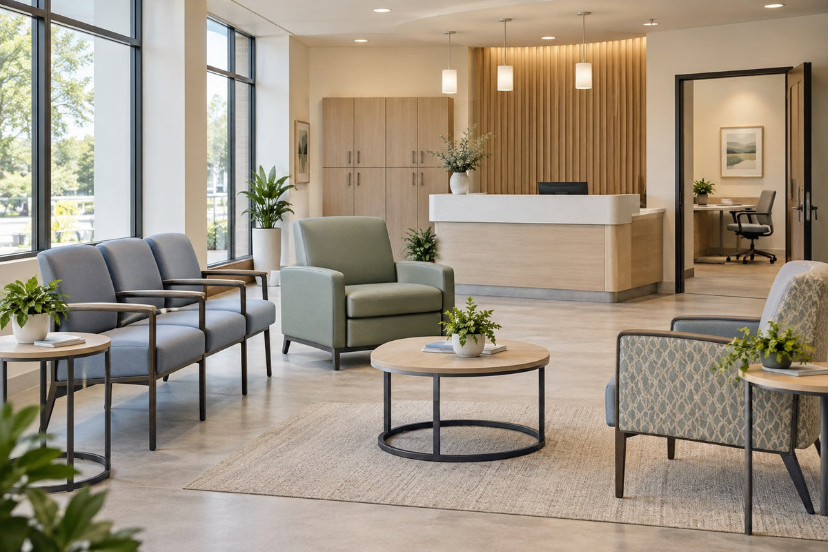 Welcoming healthcare waiting furniture with supportive seating and reception