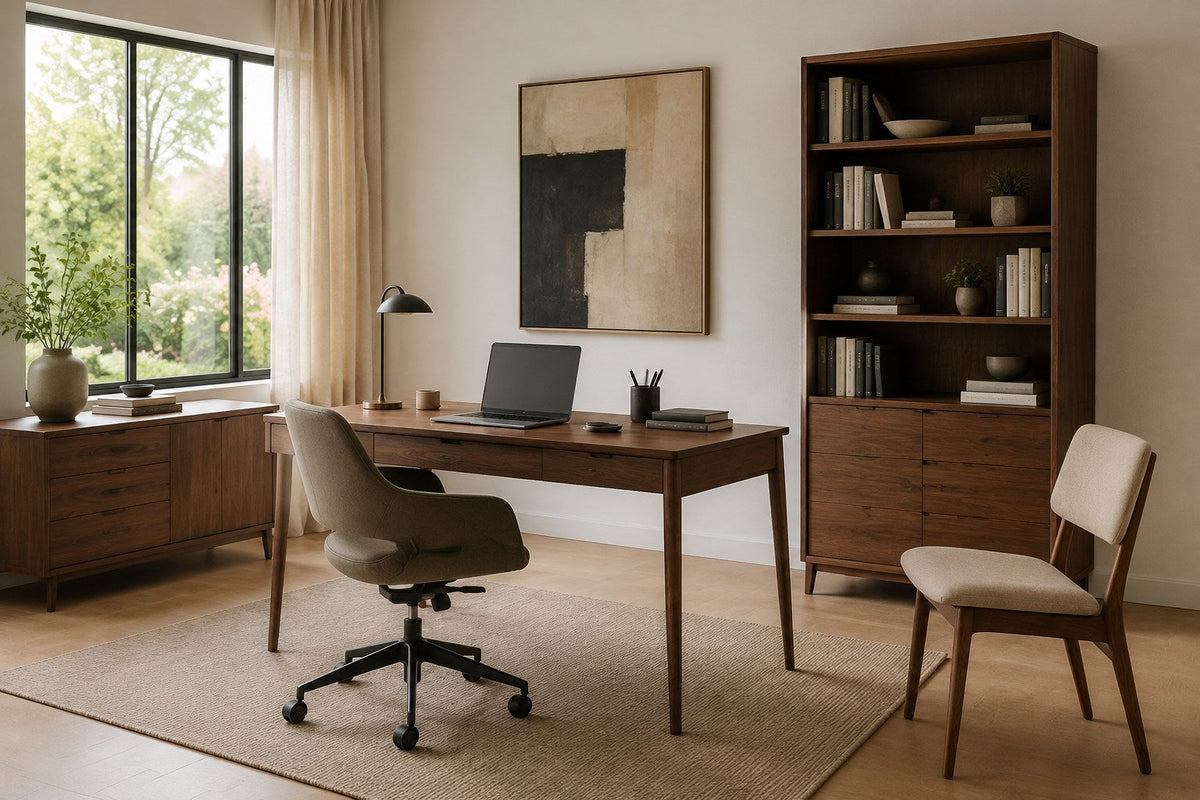 Warm home office with walnut desk, ergonomic chair and storage