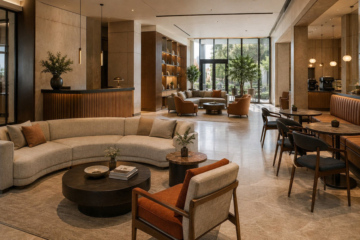 Contemporary hotel lobby with reception, lounge and cafe furniture