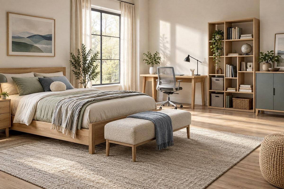 Modern kids and teen bedroom with bed, study desk, chair and storage