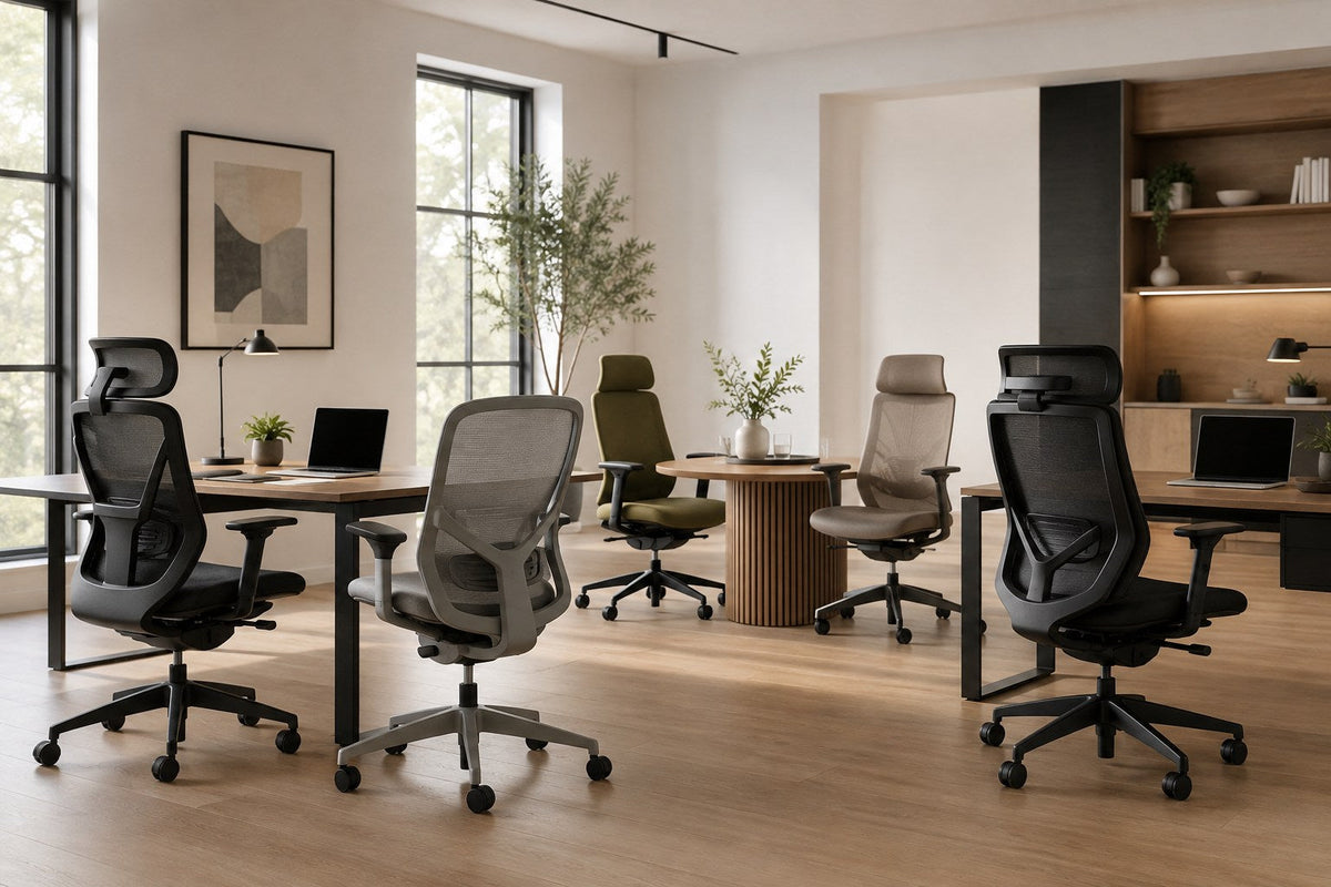 Modern ergonomic office chairs in a warm contemporary showroom