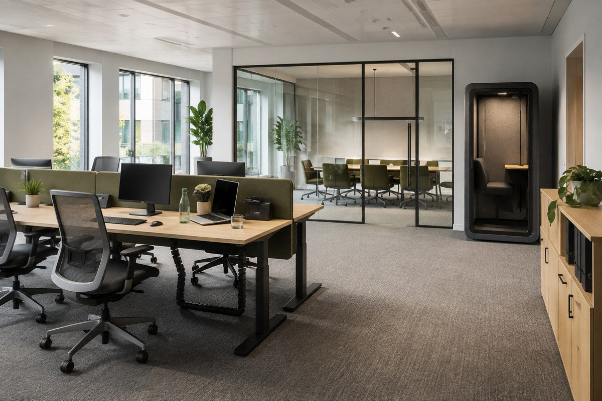 Modern office with ergonomic workstations, meeting room and privacy booth