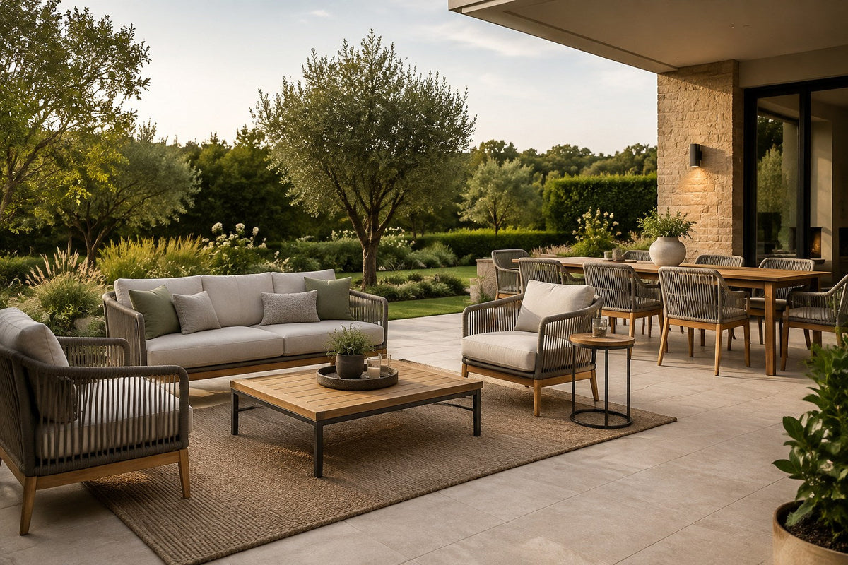 Modern garden terrace with outdoor lounge and dining furniture