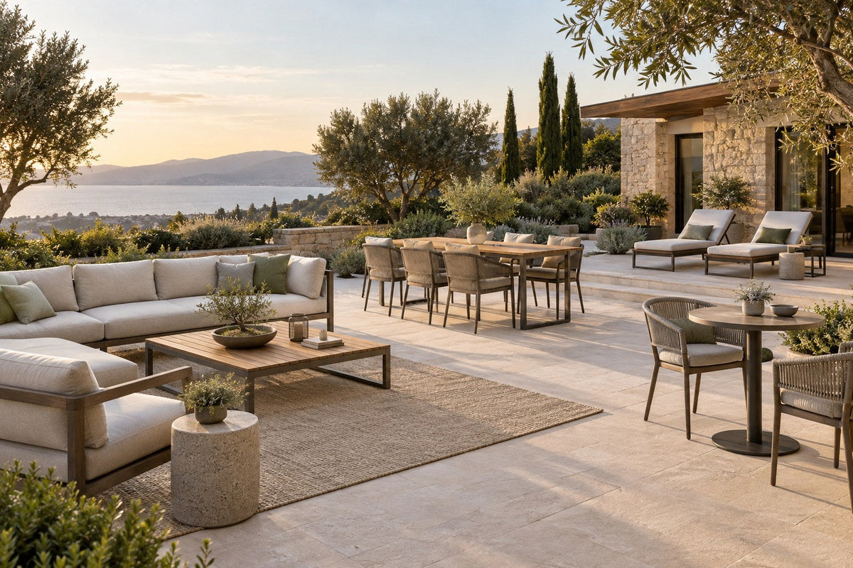 Premium outdoor furniture with lounge, dining, recliners and cafe seating