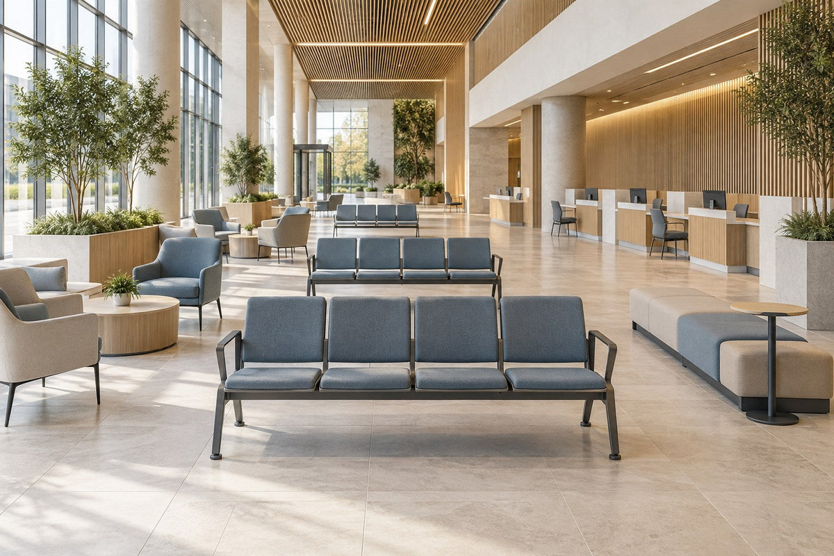 Modern public-space furniture with connected seating, lounge chairs and service counters