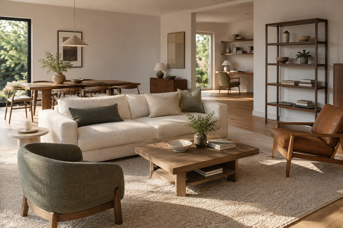 Warm modern home furnished with living, dining and home office pieces