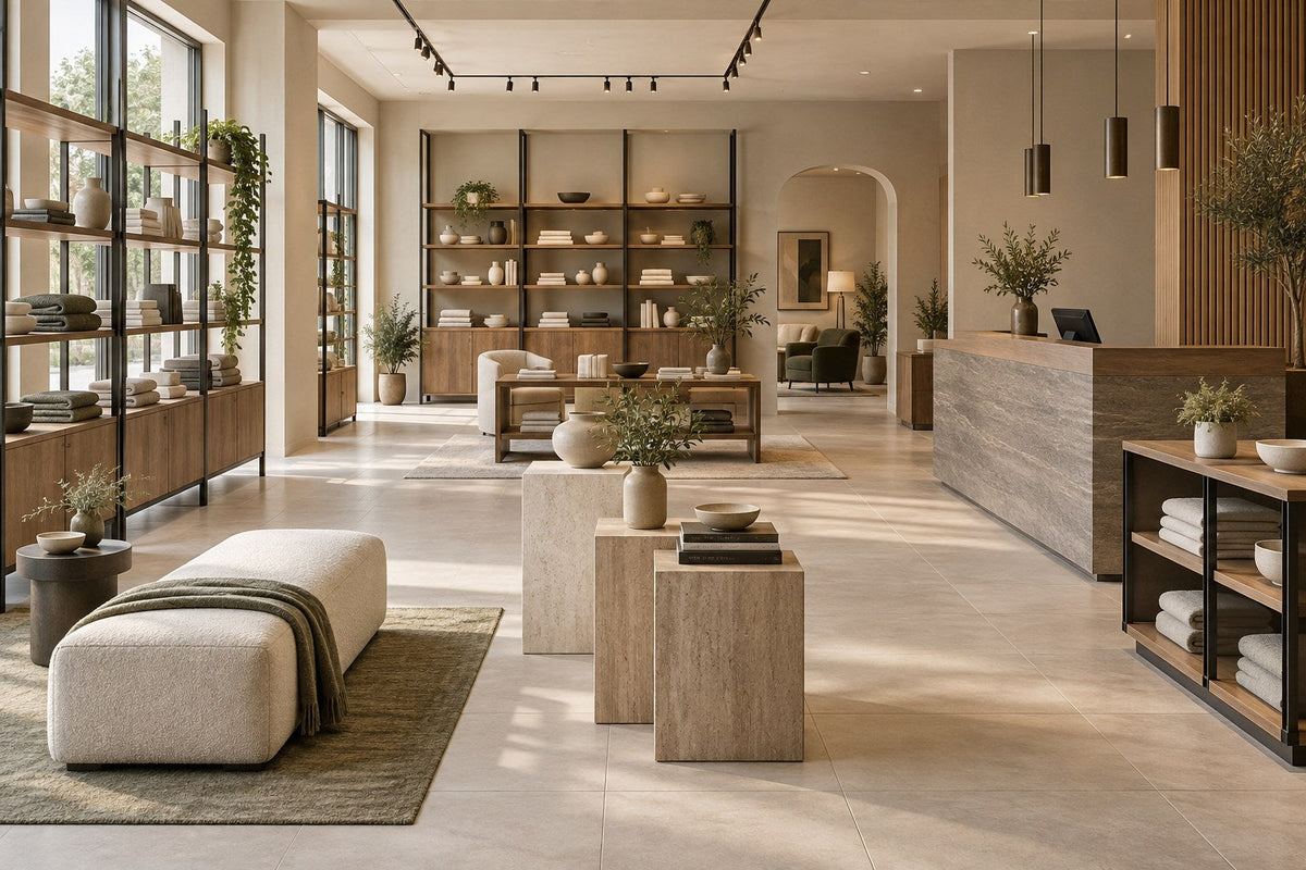 Contemporary retail furniture showroom with display shelving and checkout counter