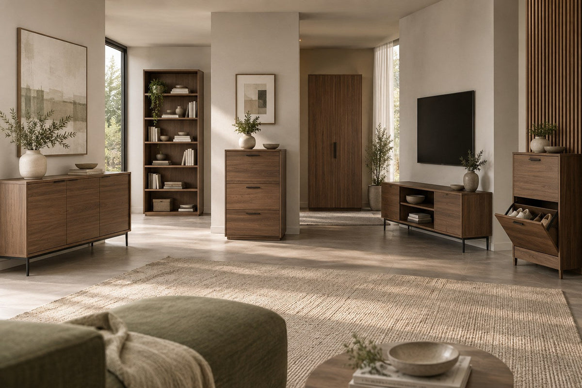 Coordinated storage furniture with sideboard, bookcase, cabinets, wardrobe and media unit