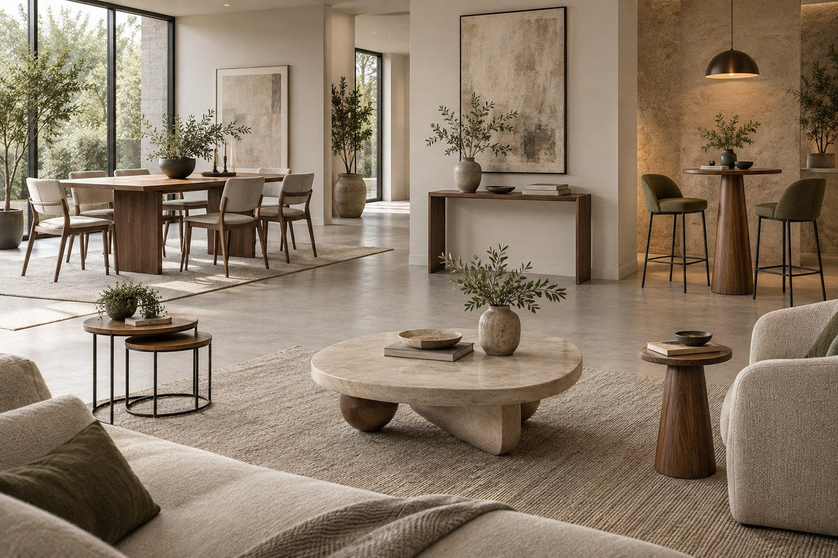 Premium table collection with dining, coffee, side, console and bar tables