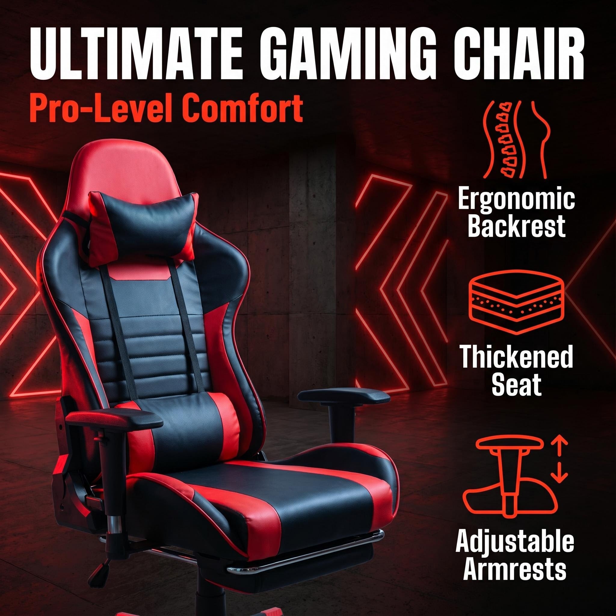 Gaming Chair PU Leather Black With Footrest Manual Recliner Steel Base Contemporary Design