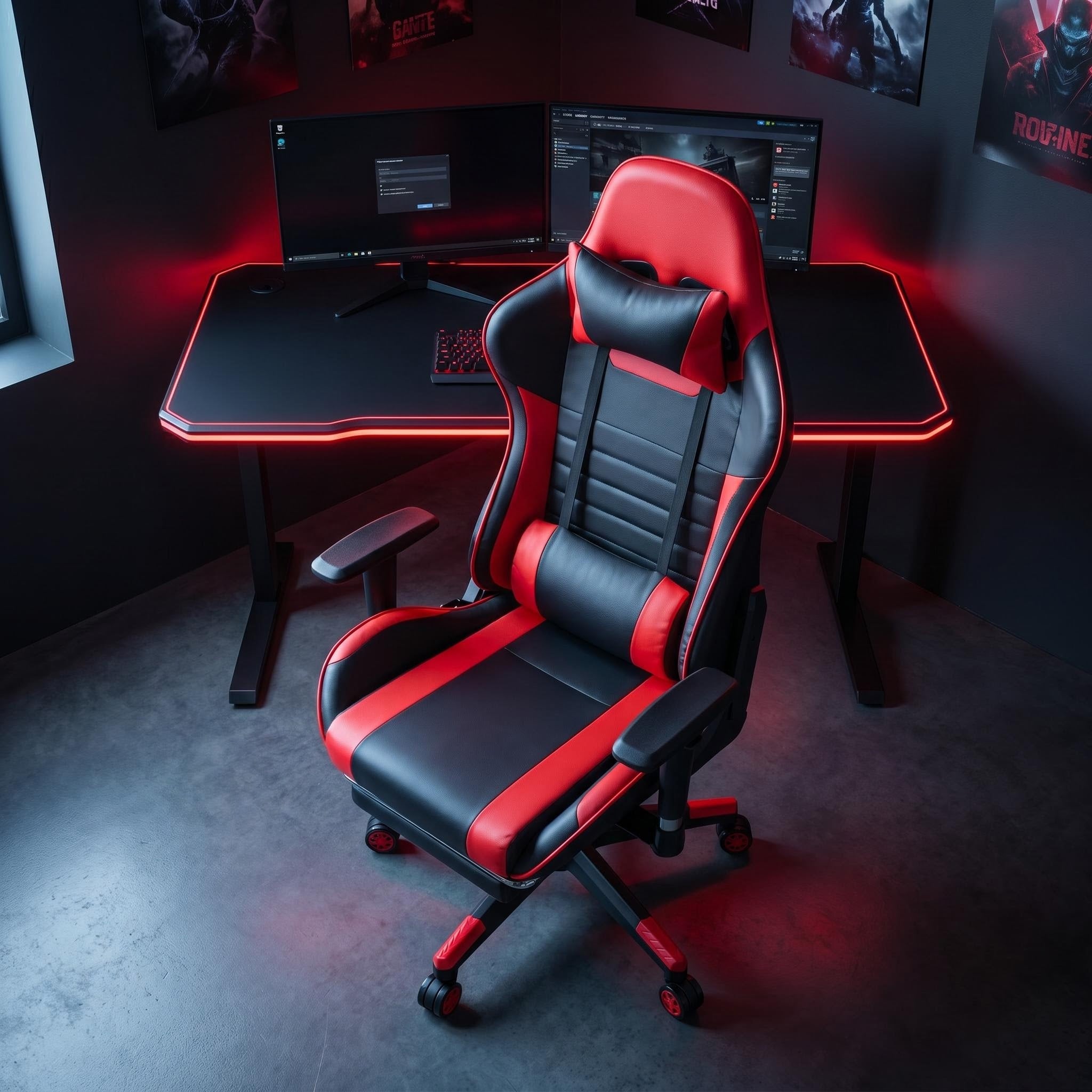 Gaming Chair PU Leather Black With Footrest Manual Recliner Steel Base Contemporary Design