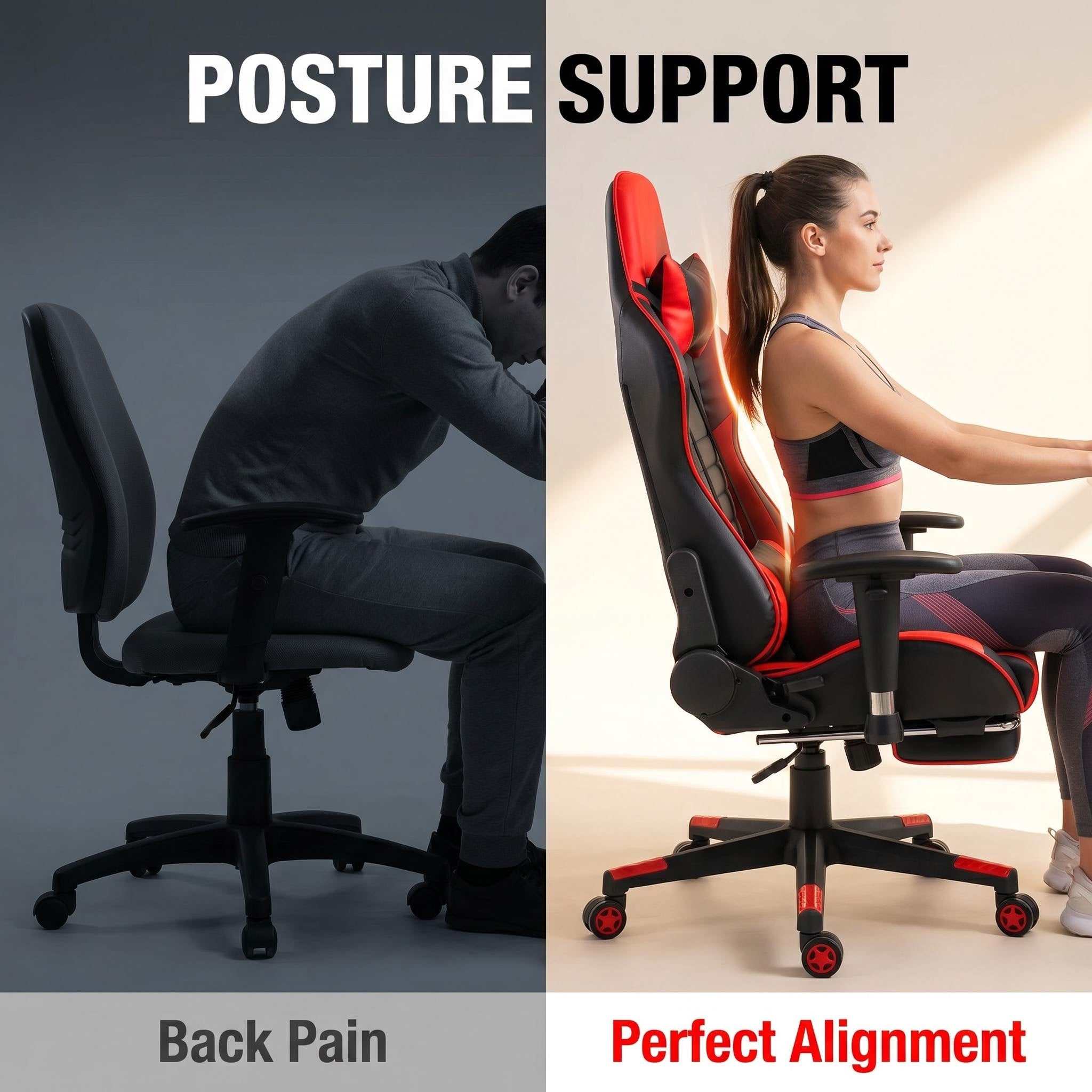 Gaming Chair PU Leather Black With Footrest Manual Recliner Steel Base Contemporary Design