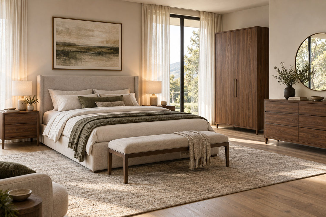 Coordinated bedroom furniture with upholstered bed, nightstands, wardrobe and dresser