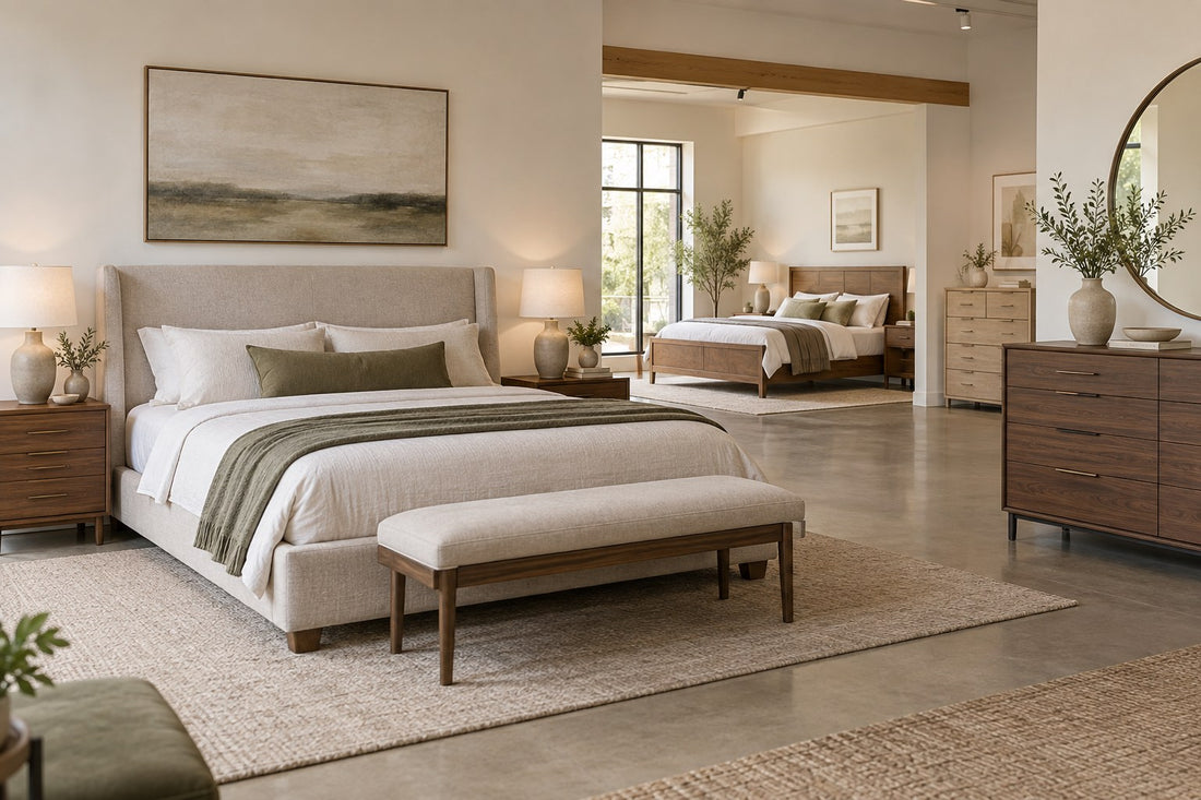 Premium bedroom showroom with beds, nightstands and dressers