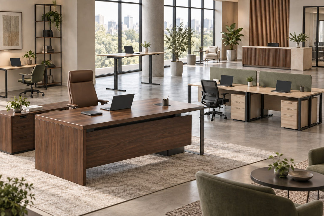Modern office with executive desk, standing desk, reception and workstations