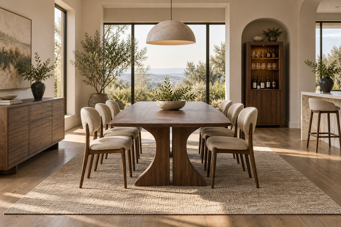 Warm dining room with walnut table, upholstered chairs, sideboard and bar cabinet