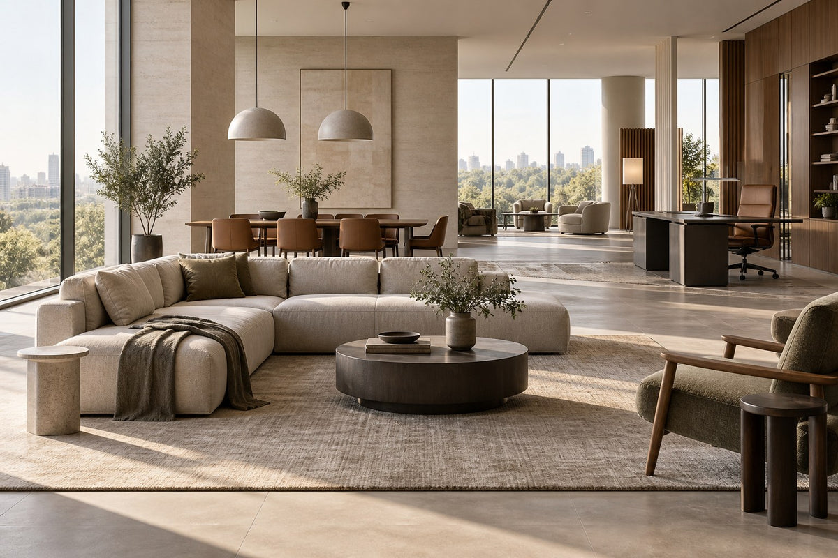 Warm contemporary living, dining and office furniture arranged in one coordinated interior by Fengxiang Furniture