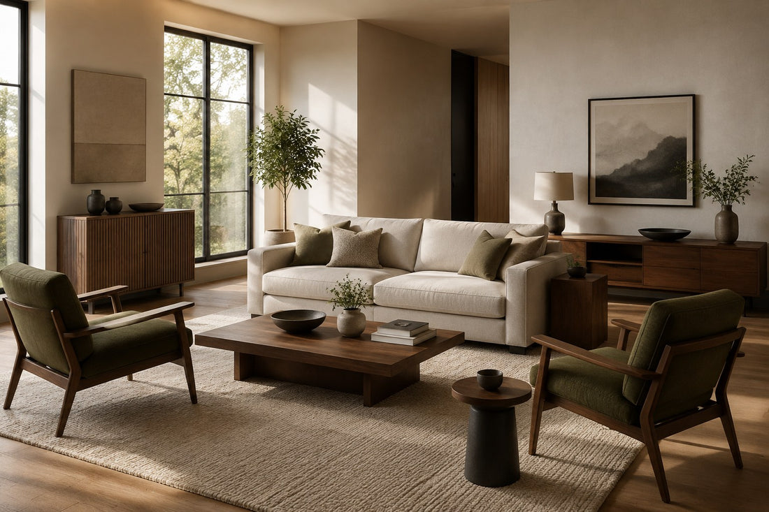 Warm modern living room with sofa, lounge chairs and wood tables